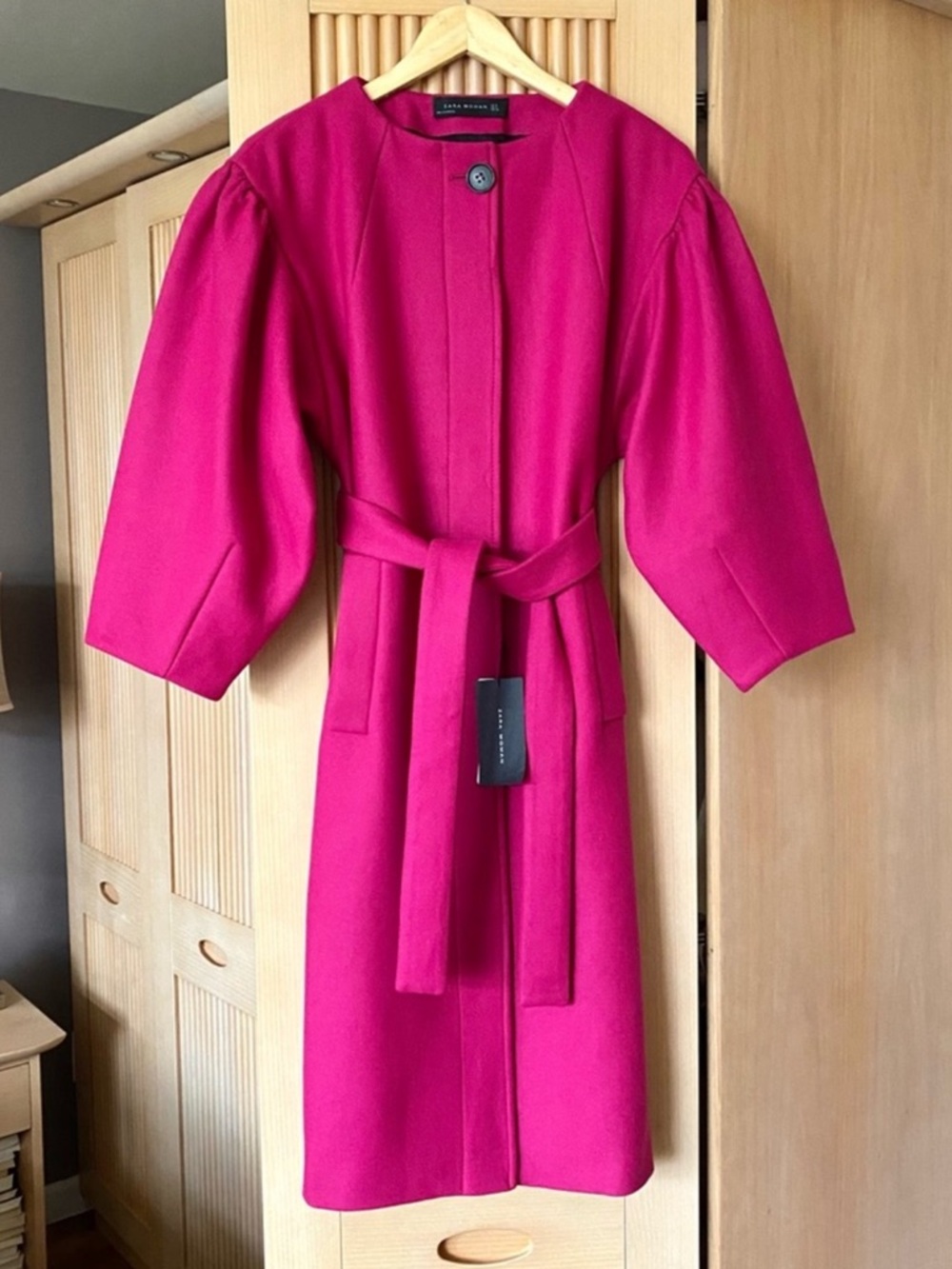 Zara Fuchsia Belted Long Wool Coat in size :Large